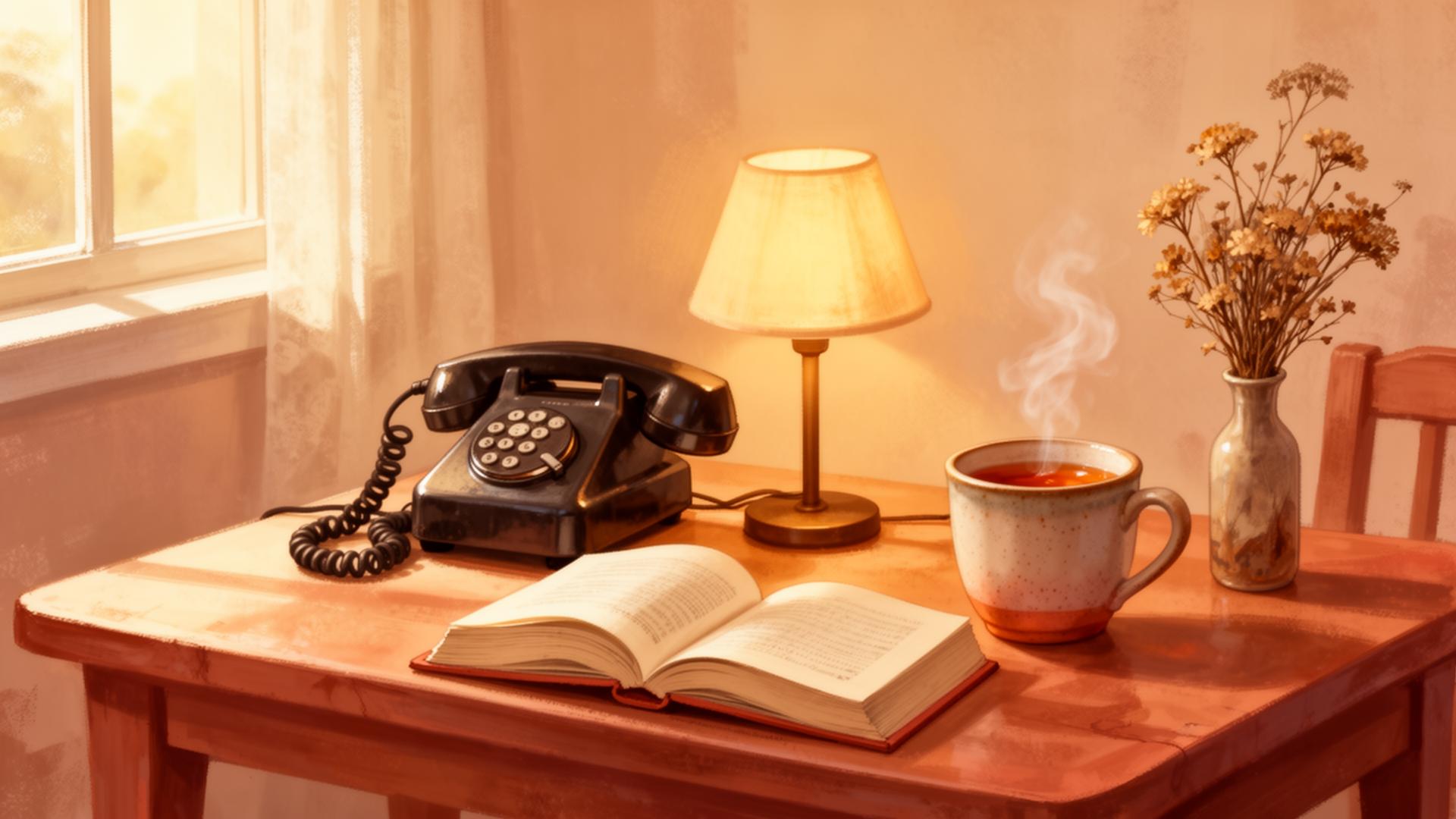 A warm kitchen table at golden hour with a phone, a small lamp, an open book and a steaming mug of tea